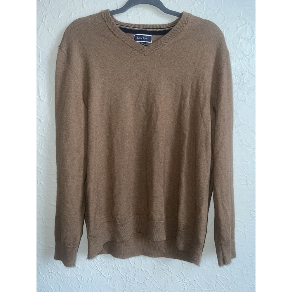 Club Room Mens Sweater XXL Merino Wool Blend Brown V Neck Long Sleeve Performanc